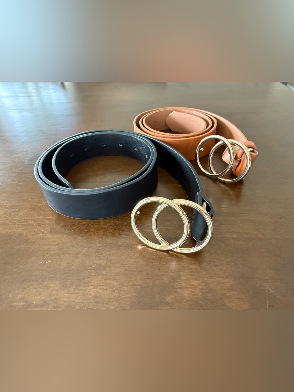 Lot of 2 Double Ring Belts Black & Tan Gold Buckle Faux Leather Women’s